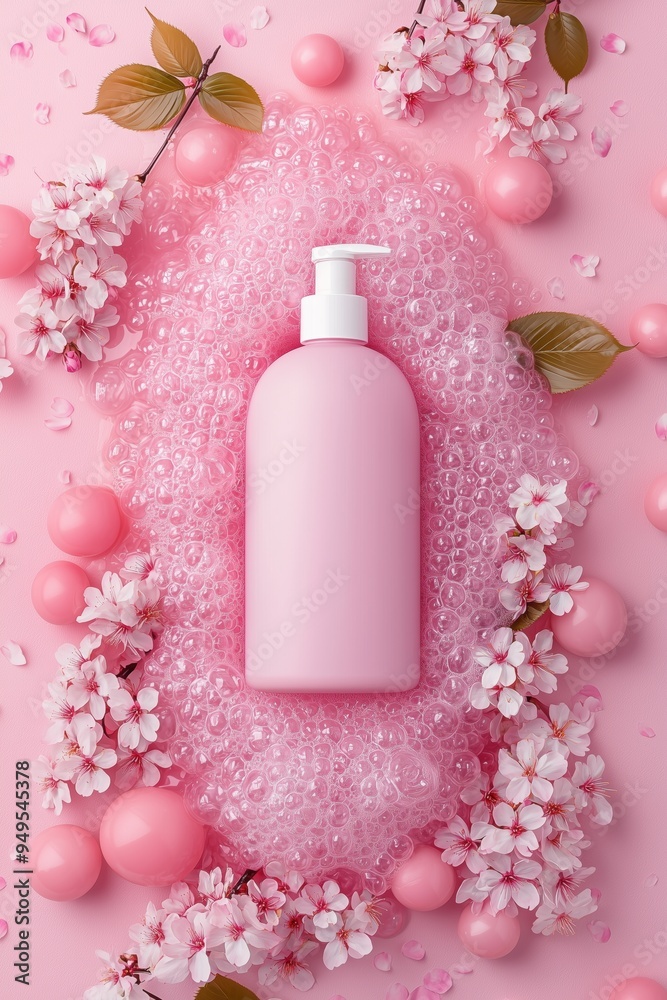 Elegant Shampoo in Petals on Pink Bubbles – Top-Down Studio Shot Elegant Shampoo in Petals on Pink Bubbles – Top-Down Studio Shot