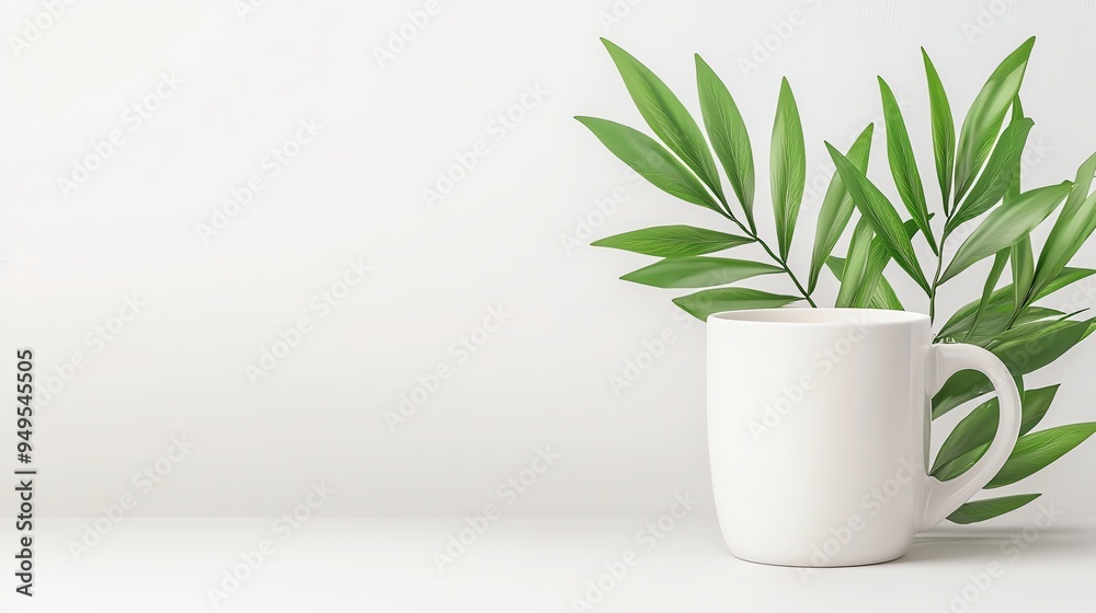 White mug with green leaves on a clean background. White mug with green leaves on a clean background.