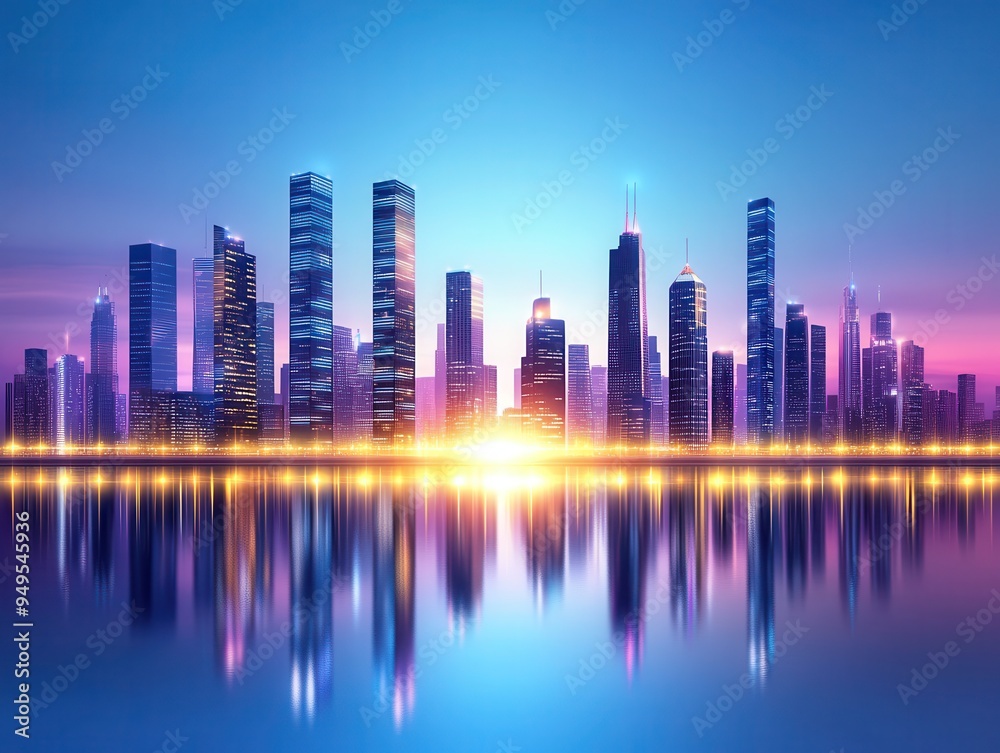 Fototapeta premium A stunning skyline at twilight, reflecting in water, showcasing modern architecture and vibrant colors of the sunset.