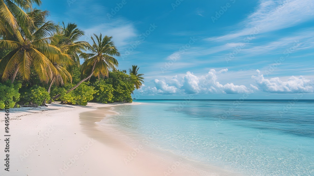 Fototapeta premium Tropical Beach Paradise: A pristine tropical beach with white sand, crystal-clear turquoise waters, and palm trees swaying gently in the breeze. 