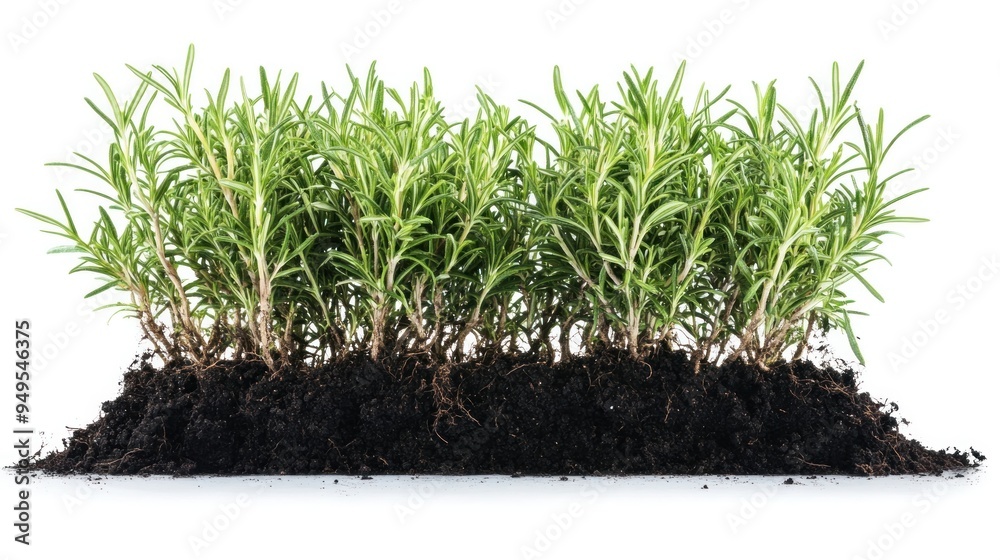 A section of rich, dark soil showcasing a healthy, dense cluster of rosemary plants with vibrant green leaves, isolated on a white background. A section of rich, dark soil showcasing a healthy, dense cluster of rosemary plants with vibrant green leaves, isolated on a white background.