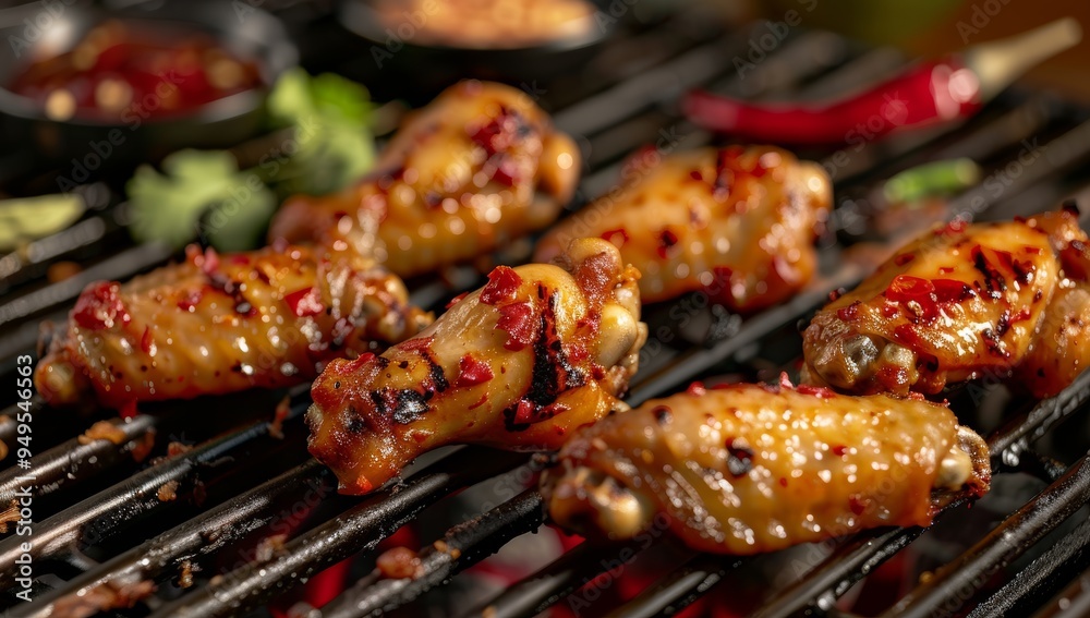 Close-up of Grilled Chicken Wings with Red Pepper Flakes on a BBQ Grill Close-up of Grilled Chicken Wings with Red Pepper Flakes on a BBQ Grill
