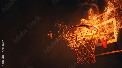 Flaming basketball hoop isolated on a dark background for dramatic effect