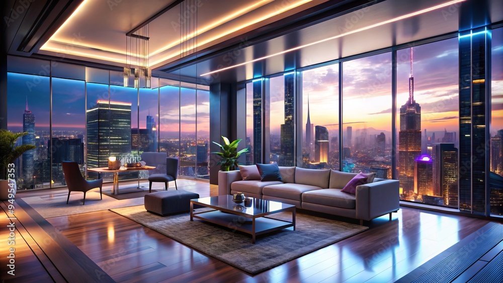 Luxurious futuristic 3D apartment with sleek lines, ambient neon lights, and expansive cityscape view at dusk, evoking a sense of modern sophistication and technological advancement.