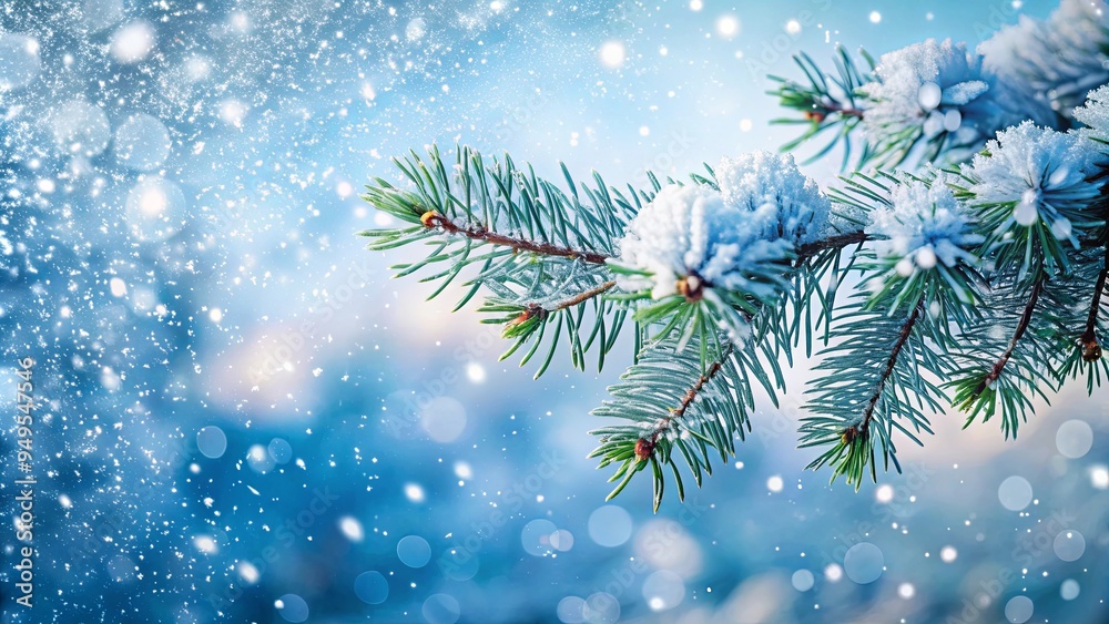 Snow covered pine branch with delicate snowflakes in a winter wonderland scene Snow covered pine branch with delicate snowflakes in a winter wonderland scene