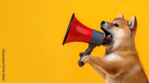 A playful Shiba Inu puppy energetically holds a red megaphone against a vibrant yellow background