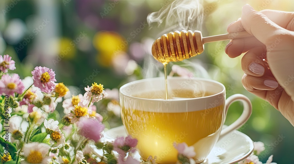 A female hand holding a honey dipper over a steaming cup of green tea, surrounded by blooming indoor flowers, highlighting the health benefits of honey and natural wellness, A female hand holding a honey dipper over a steaming cup of green tea, surrounded by blooming indoor flowers, highlighting the health benefits of honey and natural wellness,