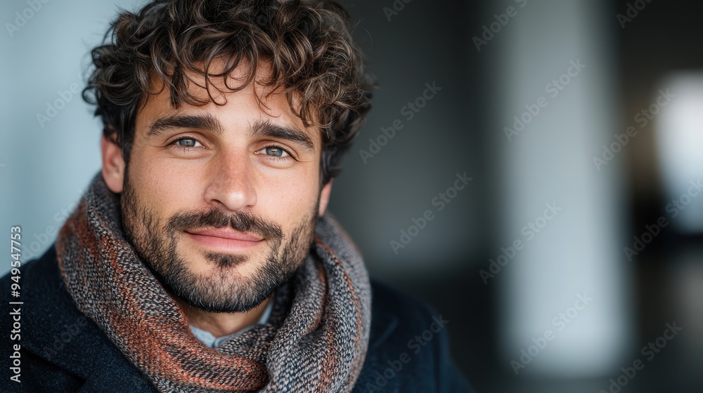 A man with curly hair, a beard, and a brown scarf smiles warmly in an indoor setting with blurred background, conveying a sense of warmth and contentment.