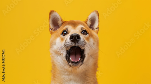 A very surprised Shiba Inu. Close-up of a Shiba Inu with its mouth open against a bright yellow background.