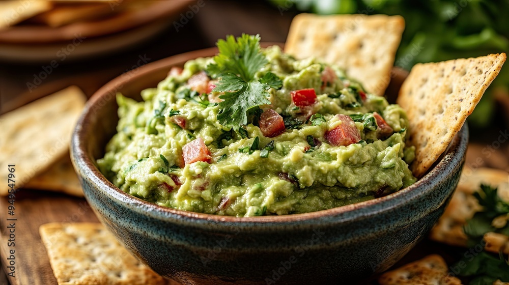 38. Bowl of fresh guacamole with a side of whole grain crackers, brain-boosting snack, healthy and delicious. 38. Bowl of fresh guacamole with a side of whole grain crackers, brain-boosting snack, healthy and delicious.
