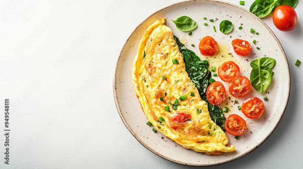 A flat lay of a perfectly cooked stuffed omelette with tomatoes and spinach, set against a light stone backdrop, ideal for illustrating a healthy, protein-packed morning meal, A flat lay of a perfectly cooked stuffed omelette with tomatoes and spinach, set against a light stone backdrop, ideal for illustrating a healthy, protein-packed morning meal,