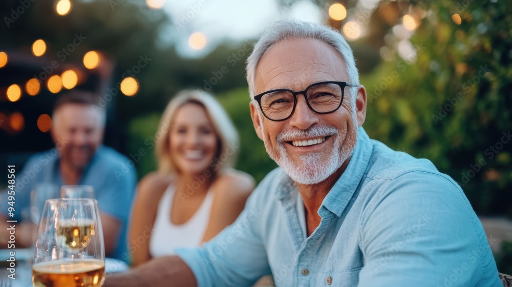 A senior man with grey hair and glasses is smiling at an outdoor dinner setting, enjoying time with friends, with a warm atmosphere and string lights in the background. A senior man with grey hair and glasses is smiling at an outdoor dinner setting, enjoying time with friends, with a warm atmosphere and string lights in the background.