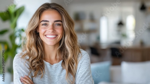 A cheerful woman with wavy hair smiles warmly inside a bright, modern living space, standing confidently with her arms crossed, conveying positivity and friendliness.