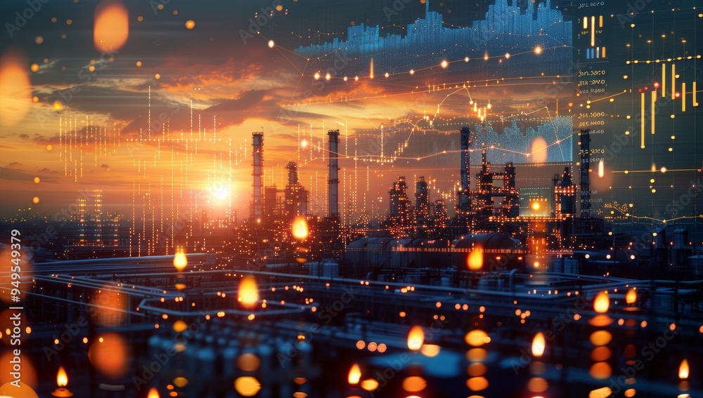 Fototapeta premium Industrial Facility at Sunset with Overlaid Data and Bokeh Lights