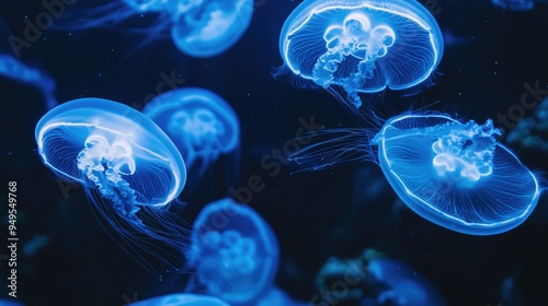 A group of jellyfish swimming in sync, their bodies radiating with blue neon light, set against a dark and moody aquarium backdrop