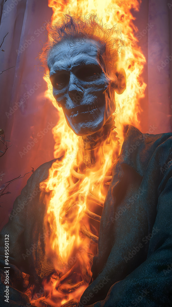 An illustration of a skull and skeleton man in a suit, engulfed in flames. An illustration of a skull and skeleton man in a suit, engulfed in flames.