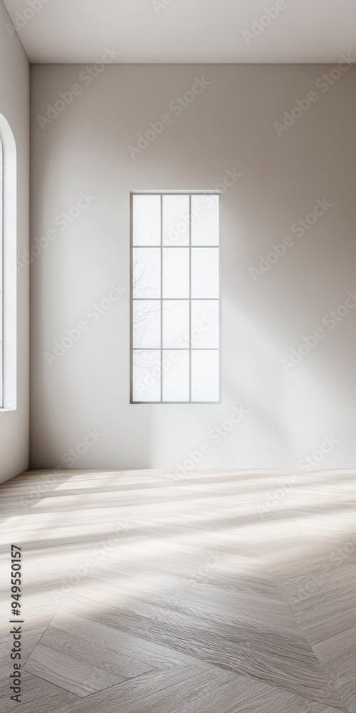 Fototapeta premium Empty room in neutral colors with ample copyspace, a large window filling the room with natural lighting and creating a play between daylight and shadows.