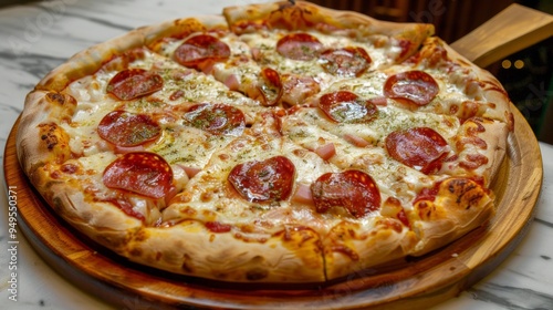 Delicious pizza with pepperoni, cheese and herbs on wooden board.