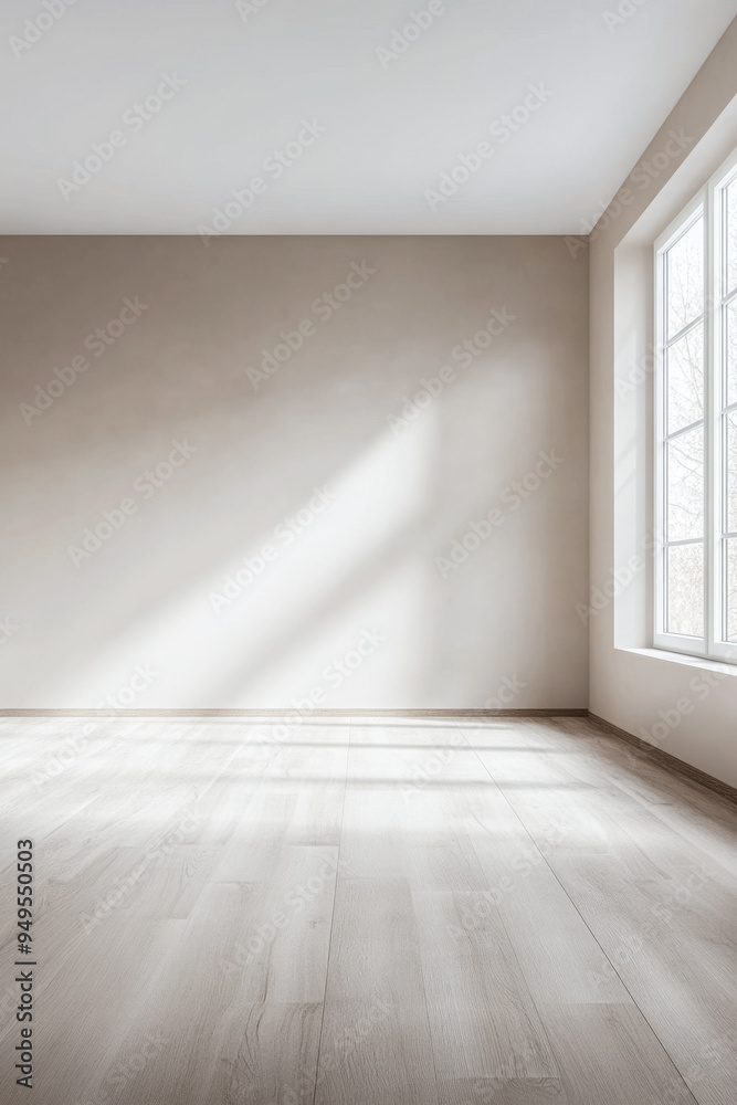 Fototapeta premium Empty room in neutral colors with ample copyspace, a large window filling the room with natural lighting and creating a play between daylight and shadows.