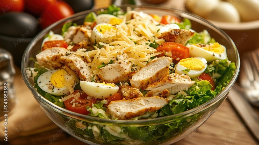 A healthy Caesar salad served in a clear glass bowl, with layers of green lettuce, diced tomatoes, quartered boiled eggs, and grilled chicken pieces, topped with cheese A healthy Caesar salad served in a clear glass bowl, with layers of green lettuce, diced tomatoes, quartered boiled eggs, and grilled chicken pieces, topped with cheese