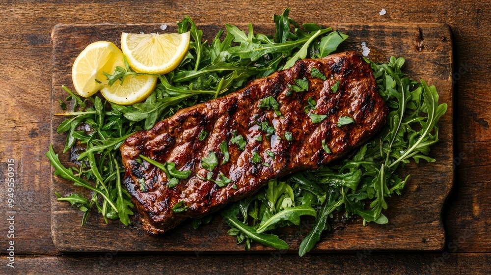 A hearty grilled chuck roll steak with arugula, garnished with fresh herbs and lemon wedges, set on a rustic wooden background A hearty grilled chuck roll steak with arugula, garnished with fresh herbs and lemon wedges, set on a rustic wooden background