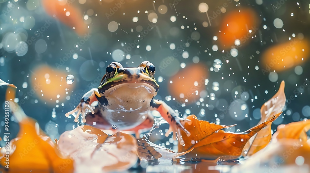 A colorful frog splashing over water with drifting orange leaves surrounding it all set against a shimmering bokeh backdrop A colorful frog splashing over water with drifting orange leaves surrounding it all set against a shimmering bokeh backdrop