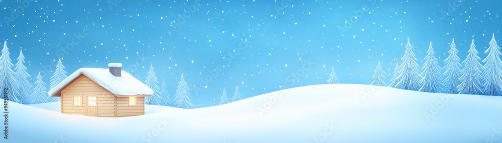 custom made wallpaper toronto digitalA cozy wooden house nestled in a snow-covered landscape, surrounded by frosty trees and a serene winter sky.