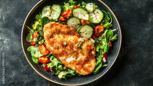 A hearty meal of chicken schnitzel and mixed vegetable salad, served on a plate with a dark background. Top view, ideal for family dinners and food blogs