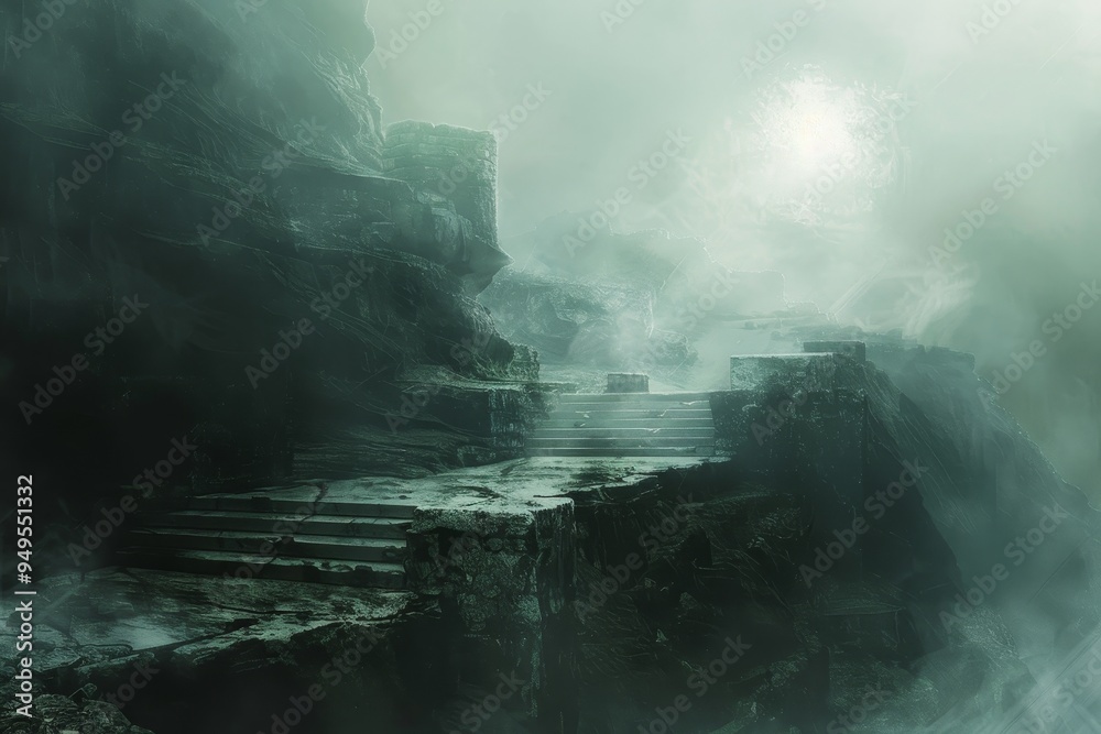 Foggy landscape with steps leading up to a cliff, soft edges and blurred boundaries create a hazy atmosphere, Soft edges and blurred boundaries giving a hazy, atmospheric feel Foggy landscape with steps leading up to a cliff, soft edges and blurred boundaries create a hazy atmosphere, Soft edges and blurred boundaries giving a hazy, atmospheric feel