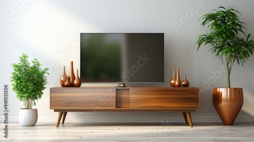 Mock up white wall background,Modern living room decor with a tv cabinet. 