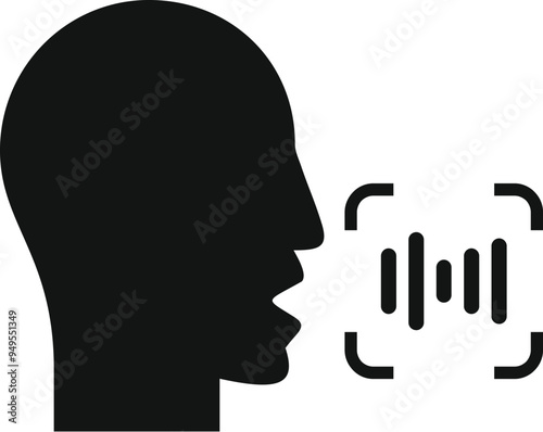 Black silhouette of a man speaking with sound waves into voice recognition software