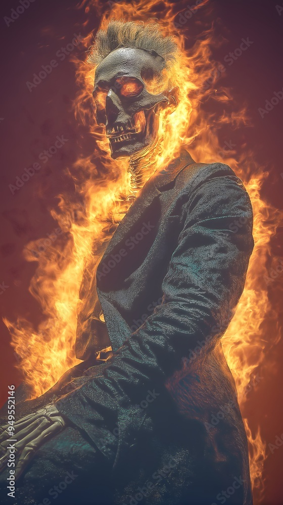An illustration of a skull and skeleton man in a suit, engulfed in flames. An illustration of a skull and skeleton man in a suit, engulfed in flames.