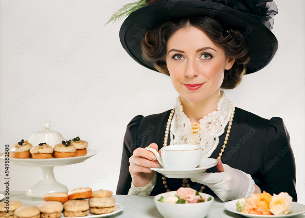 A woman wearing an elegant black hat is sitting comfortably at a table and enjoying a warm cup of tea, savoring the moment A woman wearing an elegant black hat is sitting comfortably at a table and enjoying a warm cup of tea, savoring the moment