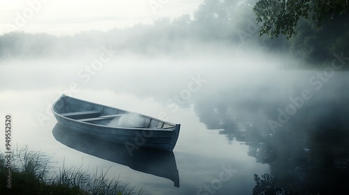 Creepy fog-covered lake with a ghostly rowboat, photo