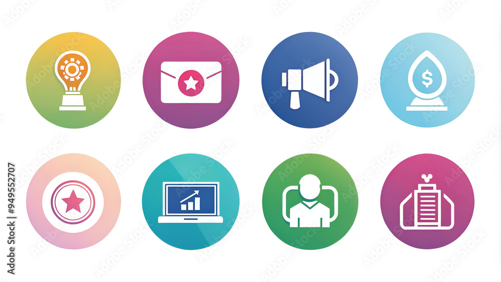 A vibrant array of colorful icons displayed prominently on a clean, white background for a bright and appealing visual effect A vibrant array of colorful icons displayed prominently on a clean, white background for a bright and appealing visual effect