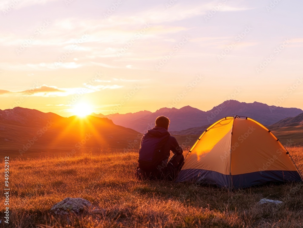 A backpacker setting up a tent in a remote wilderness area as the sun sets
