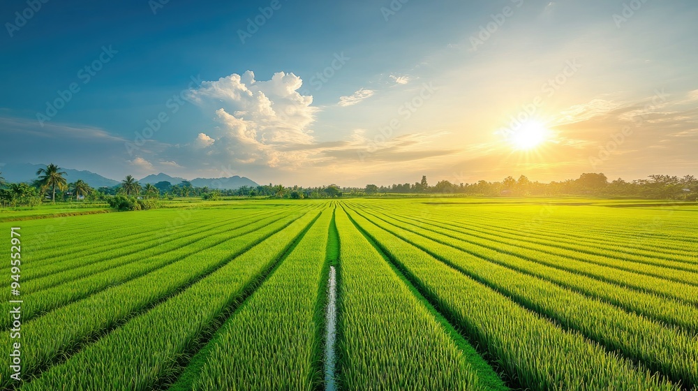 A lush rice paddy field with neat, green rows stretching into the horizon, under a bright, sunny sky, showcasing the vibrant growth and beauty of the countryside A lush rice paddy field with neat, green rows stretching into the horizon, under a bright, sunny sky, showcasing the vibrant growth and beauty of the countryside