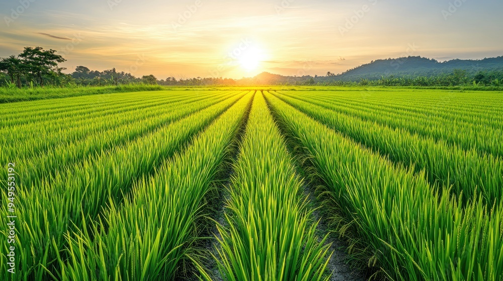 A lush rice paddy field with perfectly straight, green rows extending into the horizon under a clear, sunny sky, symbolizing growth and prosperity A lush rice paddy field with perfectly straight, green rows extending into the horizon under a clear, sunny sky, symbolizing growth and prosperity