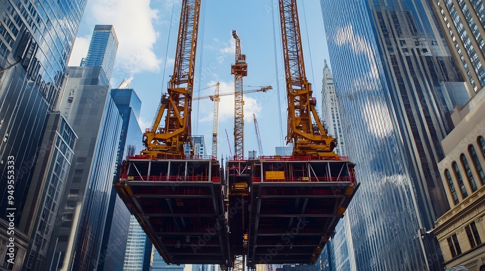 A photograph showcasing the use of advanced IoT powered cranes effortlessly lifting and transporting massive structural components as part of a skyscraper construction project A photograph showcasing the use of advanced IoT powered cranes effortlessly lifting and transporting massive structural components as part of a skyscraper construction project