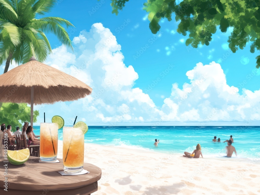 A beachside bar with people enjoying tropical cocktails and live music A beachside bar with people enjoying tropical cocktails and live music