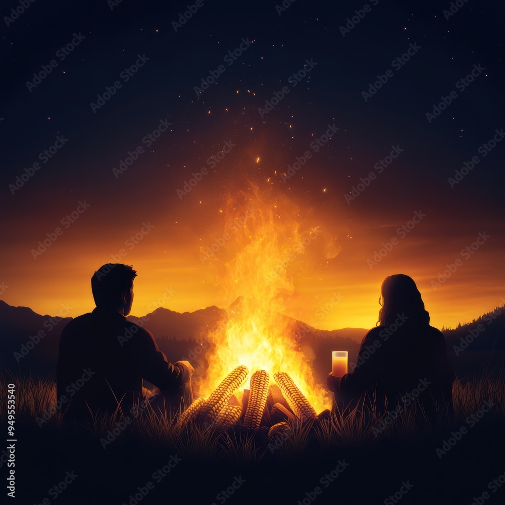 Fototapeta premium A bonfire night with people gathered around enjoying roasted corn and hot apple cider