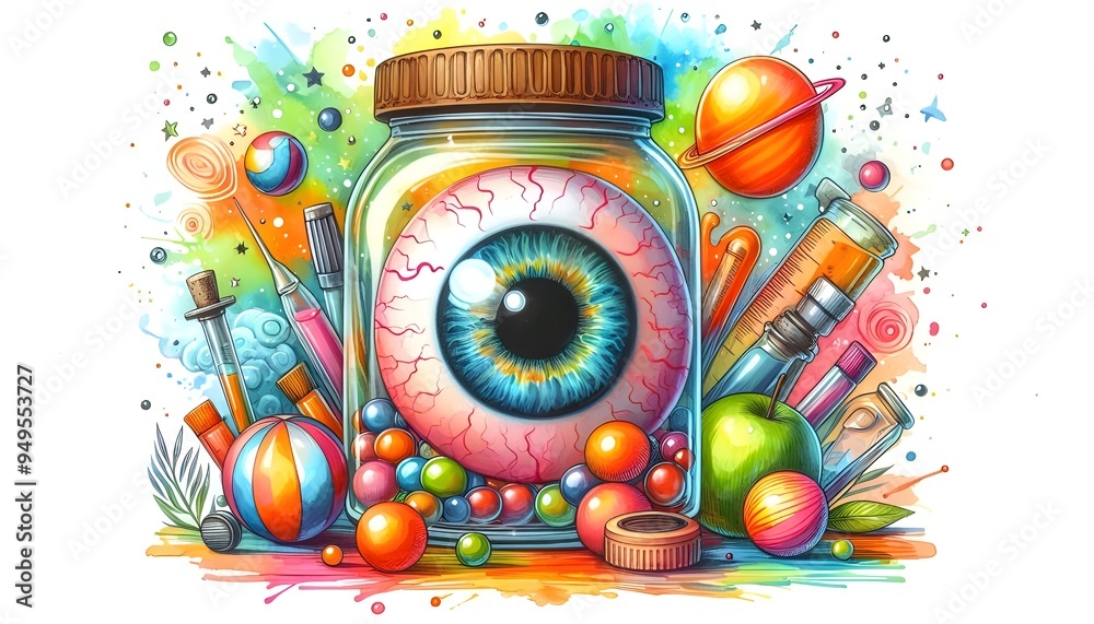 Obraz premium Eyeball in a jar, watercolor clipart illustration with isolated background.