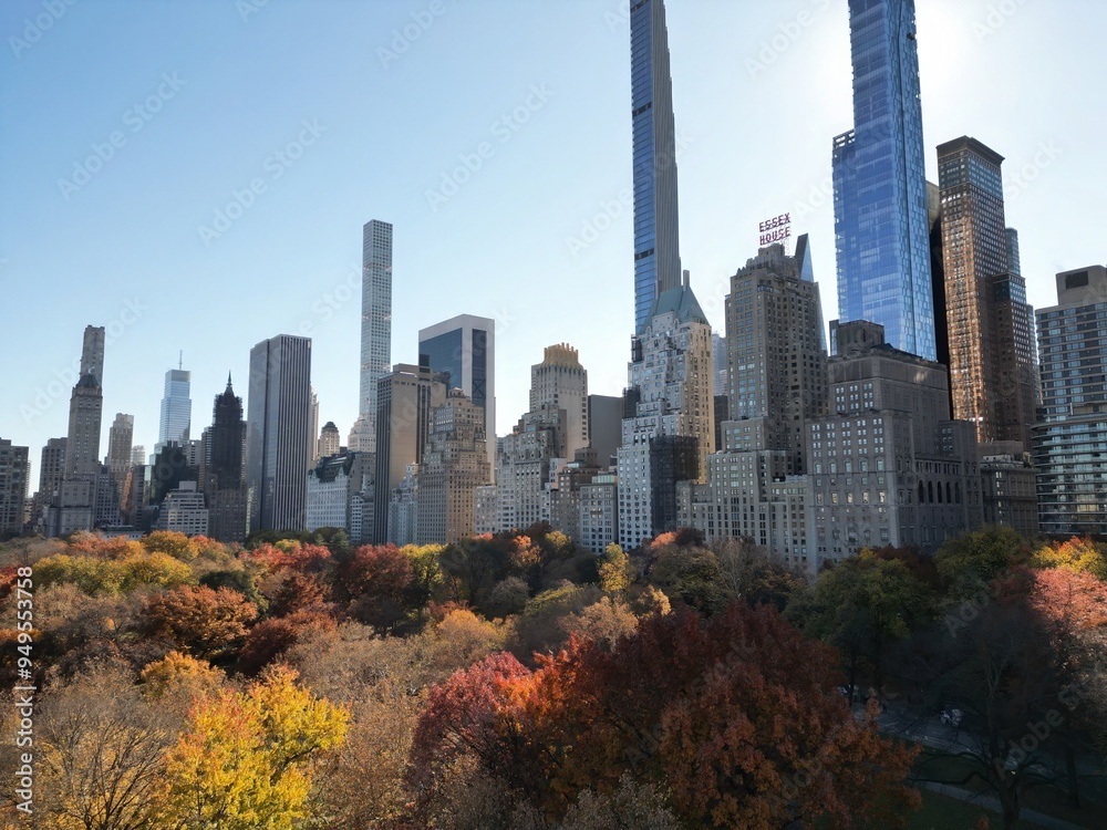 Obraz premium Autumn Fall. Autumnal Central Park view from drone. Aerial of NY City Manhattan Central Park panorama in Autumn. Central Park during autumn in New York City.