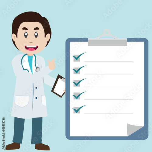 Illustration of doctor from hospital, therapist, medical staff, man, Cartoon character providing modern healthcare service checklist blank in note