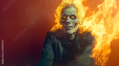 An illustration of a skull and skeleton man in a suit, engulfed in flames.