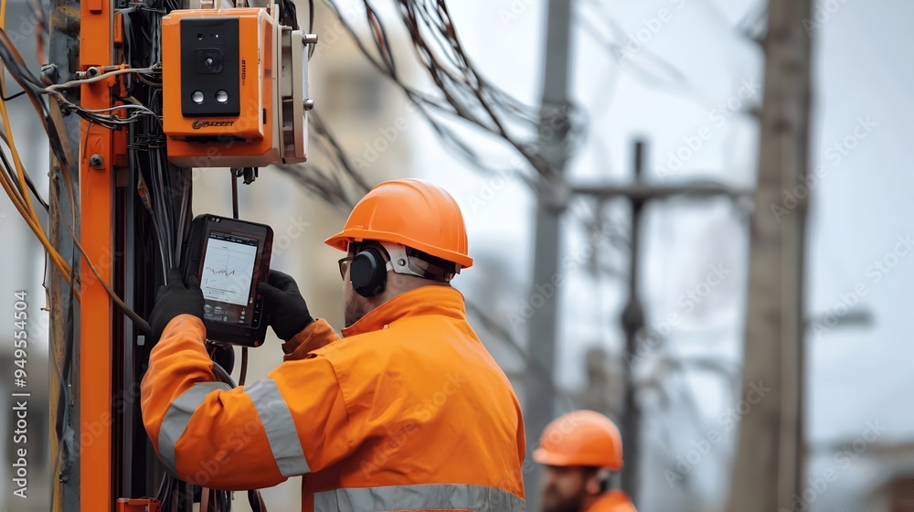 Photograph showcasing the of IoT technology to ensure safety and efficiency during the installation of high voltage power poles Photograph showcasing the of IoT technology to ensure safety and efficiency during the installation of high voltage power poles