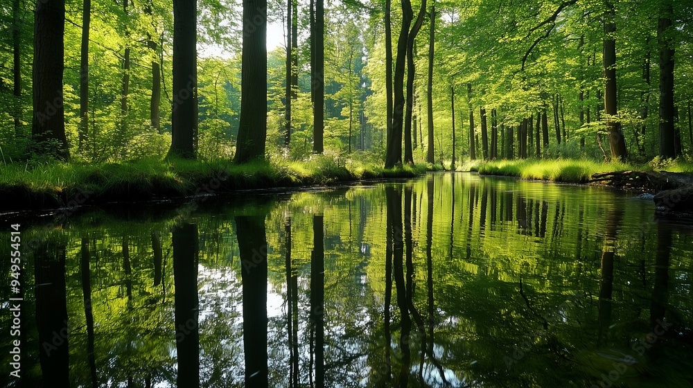 Sunlit Forest Stream Captured in Serene Green Beauty Sunlit Forest Stream Captured in Serene Green Beauty