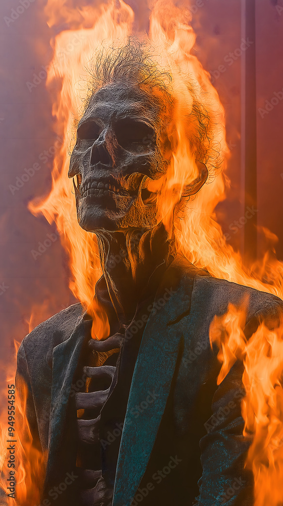 An illustration of a skull and skeleton man in a suit, engulfed in flames. An illustration of a skull and skeleton man in a suit, engulfed in flames.