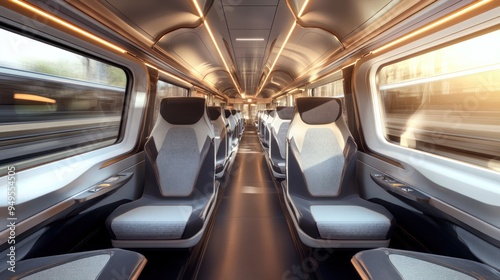Interior of a Modern Train with Comfortable Seats and a View of the Passing Scenery