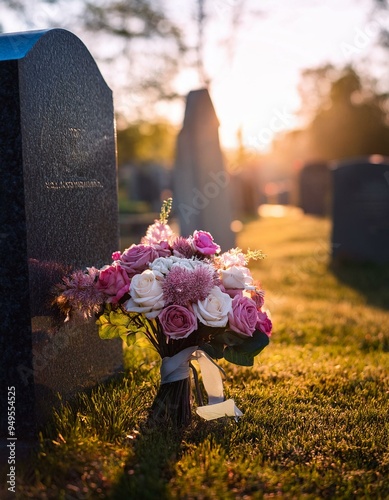 Primer plano de un ramo de flores ante una lápida de un bonito cementerio; día de todos los santos